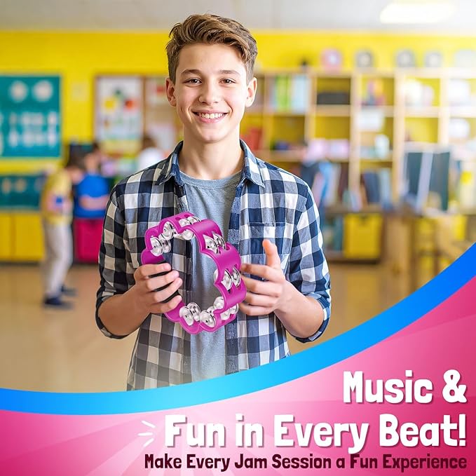 Flexzion Flower Tambourine - 8 Inch Handheld Percussion Instrument w/Metal Jingles & Ergonomic Grip - Small Tambourines for Adults, Kids, Church, Parties, & Musical Events (2 Pack - Blue & Pink)