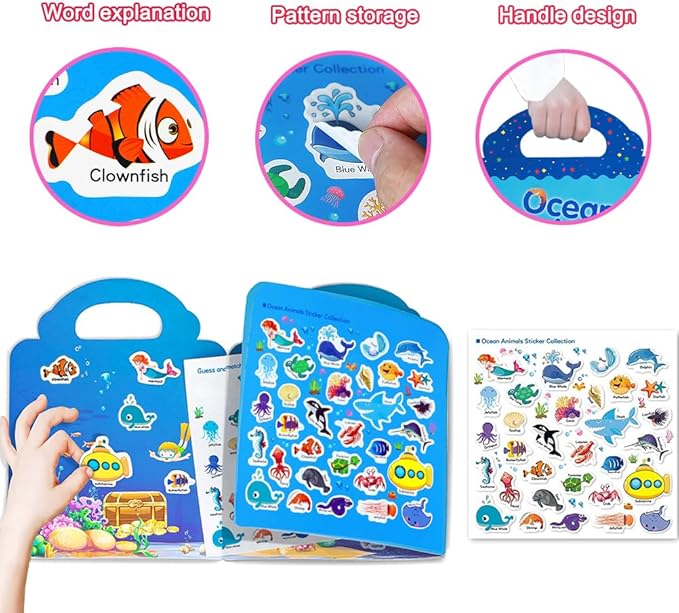 Reusable Sticker Book for Kids, Ocean Stickers Educational Learning Toys Travel Stickers Activity Books for Toddler Girls Boys Age 3+ Birthday Gifts
