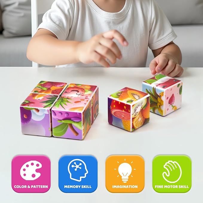 Magnetic Blocks for Toddlers, 1.65 inch Large Building Blocks Tiles, Funny Simle Fruits Puzzle Game, Sensory Montessori STEM Travel Toys for Boys and Girls Ages 3-5 4-8
