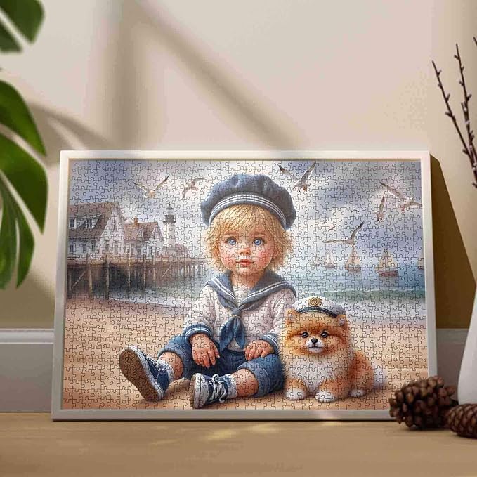 Tucocoo 1000 Piece Jigsaw Puzzle for Adults, Nautical Boy with Puppy on Beach – Sailor Outfit, Lighthouse, Sailboats, Whimsical Ocean Puzzle, Coastal Scene Jigsaw, Art Puzzles Gift, Family Game Night