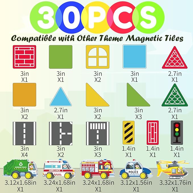Oriate City Road Set Magnetic Tiles, Rolling Rescue Toy Cars with Construction Building Magnetic Blocks, Educational Road Traffic City Life Magnet Tiles, STEM Toys Gifts for Preschool Kids