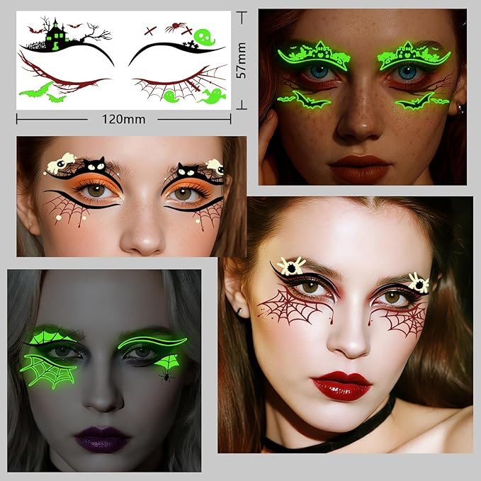 Glow in Dark Halloween Eyeliner Temporary Tattoos for Adults, 12 Pairs Luminous Eyes Fake Tattoos, Gothic Spooky Designs with Spiders Web, Bats, Cats, Skulls, Black
