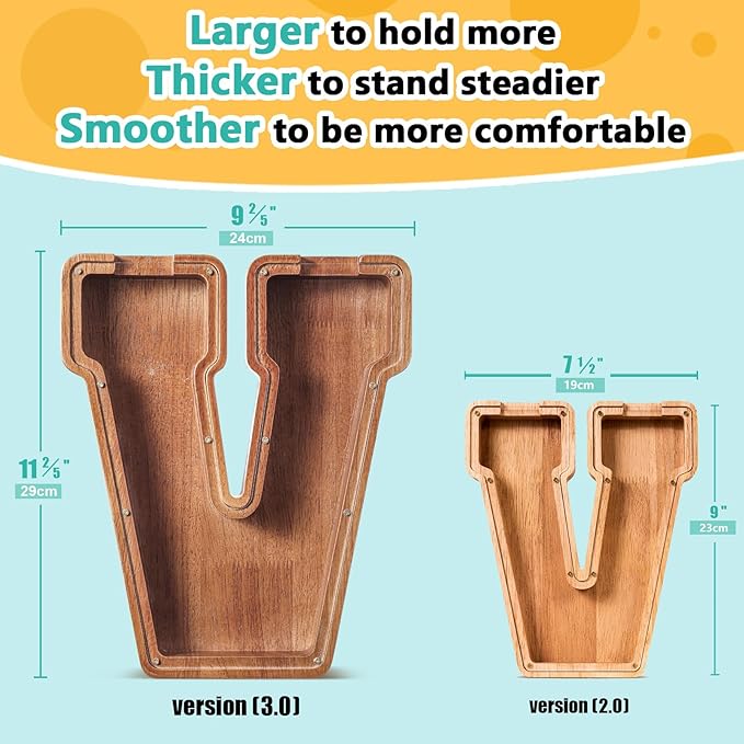 Summidate Customized Name Extra Large Wooden Piggy Bank for Kids Boys Girls Alphabets Letter A-Z Coins Bills Money Change Saving Box Clear Cover (Laser Engraved) Educational Toys 12"- Letter V