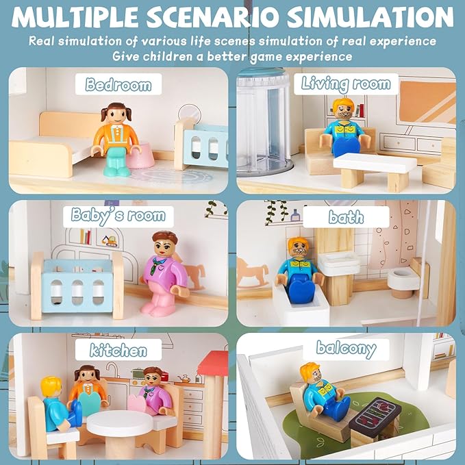 Wooden Dollhouse for Kids, Wood Doll Houses,Three-Story Dollhouse with Furniture & Accessories, DIY Pretend Play House with 3 Toy Figures, Gift for Toddlers & Young Girls Boys