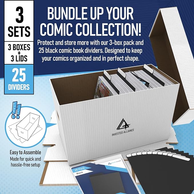 Bundle Set - Premium Short Comic Book Storage Box (3 Pack - White). Thick Cardboard Comic Book Box/Cabinet. Comics Books Bin for 150-175 Collectibles & Black Comics Books Dividers (25 Pack)