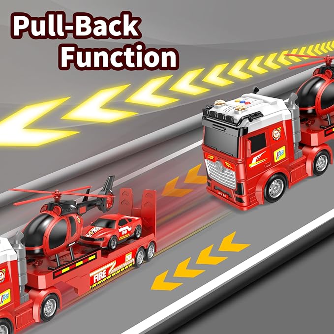 Kids Toys for Ages 3 4 5 6 7 8 Years Old Boys, 25" Large Fire Semi Truck with Helicopter & Race Car, Friction Powered Vehicle with Lights & Sounds,Birthday Gift for Boys Girls