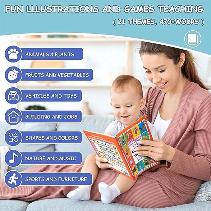 My First English Words Sound Book Toy, English Learning Talking Book for Kids 2 3 4 5 6 Years Old, Interactive Electronic Audio Toddler Books, 470+ Words, 21 Themes, Press to Learn Phonics (3-9y)