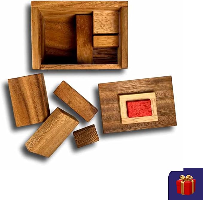 Difficult Puzzle for Adults - Hide The Red Stone Wood Puzzle - 9 Piece Brain Teaser