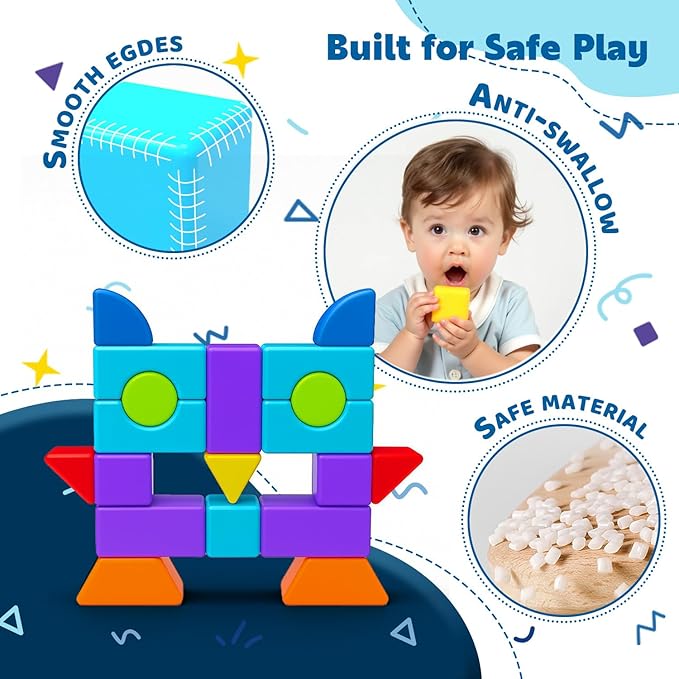 Magnetic Blocks, Large 1.65 inch Magnetic Cubes for Kids, 3D Multi-Shape Building Blocks, Preschool Educational Building Kit, Montessori Sensory Toys for Toddlers 3-5 (19pcs)