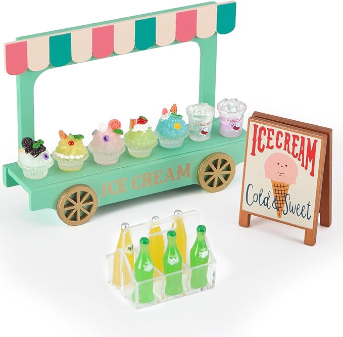 Mini Ice Cream Truck Toy Set with 7 Smoothies & 6 Drink Bottles - Display Case & Wooden Sign for Dollhouse Kitchen, Role Play & Pretend Food