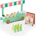 Mini Ice Cream Truck Toy Set with 7 Smoothies & 6 Drink Bottles - Display Case & Wooden Sign for Dollhouse Kitchen, Role Play & Pretend Food