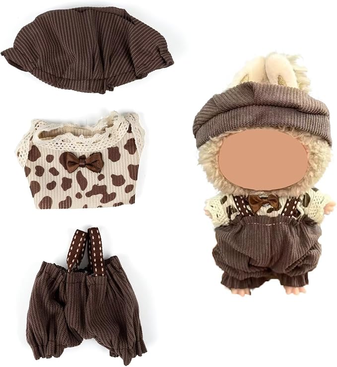 Clothes for Iabubu(NO Doll),Cute Handcrafted Crochet Set for Iabubu Clothes,Fashion Dressy Doll Outfit Accessories,Stylish Doll Accessories for 17cm Doll(Brown Hat+Beige Top+Brown Suspenders)