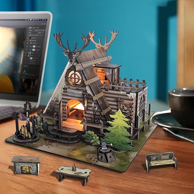 Model Kit Adult Miniature House Kit, Doll Houses Book Nook DIY Kit with Furniture and USB -LED Light, Bookshelf Miniature Scenes, Dollhouse Kits for Adults, Children (Hunting-Cabin)