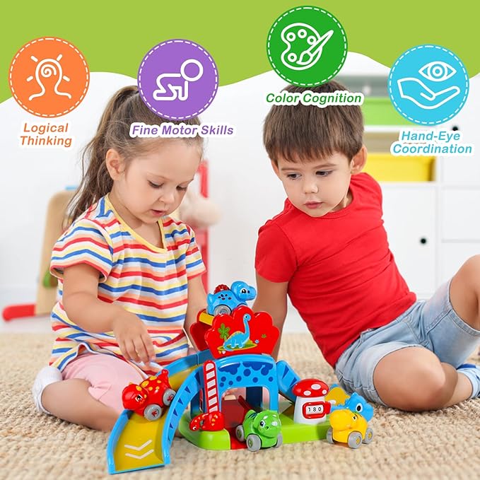 Baby Toys for 1 Year Old Boys & Girls Gift – Dino Slide Set with 4 Color & Number Push Cars – Dinosaur Toy for Toddlers, Montessori Learning Toys for 12-18 Months – 1st Birthday Gifts for Kids