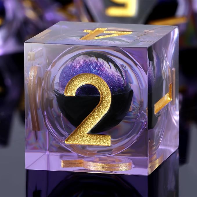 Dragon Eye Sharp Edge D&D Dice，DNDND 7PCS Resin Die with Gift Case for Dungeons and Dragon Talbel Game (Purple Dragon Eye)