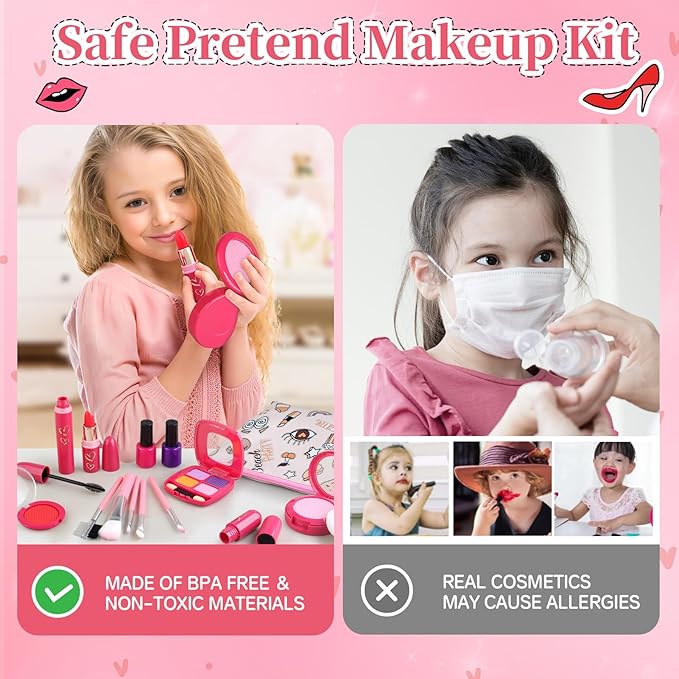 Toddler Girls Toys Pretend Makeup Kits - Fake Makeup Set Toys for Kids 3 4 5 6 Year Old, Play Makeup Gift for Little Girls 3-5, Toddler Makeup Kit with Fake Makeup Toy Birthday Gift (Beige)