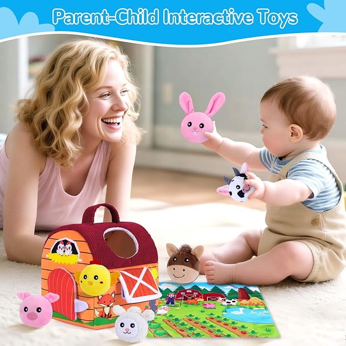 Baby Toys 6-12 Months, Little People Farm with Crinkle, Rattle & Squeaker – Little People Barn with Stuffed Farm Animals for Newborn Infants, Montessori Learning Toys for Babies