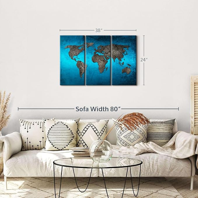 ElephantStock Ocean World Map Multi Piece Canvas - 3 Panel Wall Decor - Map of the World Art - Canvas for the Office and Home - 38" X 24"