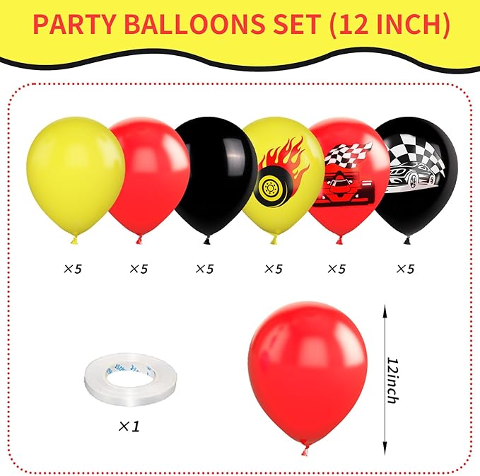 Race Car Balloons, 12 Inch Red Yellow Black Race Car Party Supplies Checkered Flags Racing Party Printed Latex Balloons for Race Fans Birthday Party Fast Birthday Party Decorations Supplies