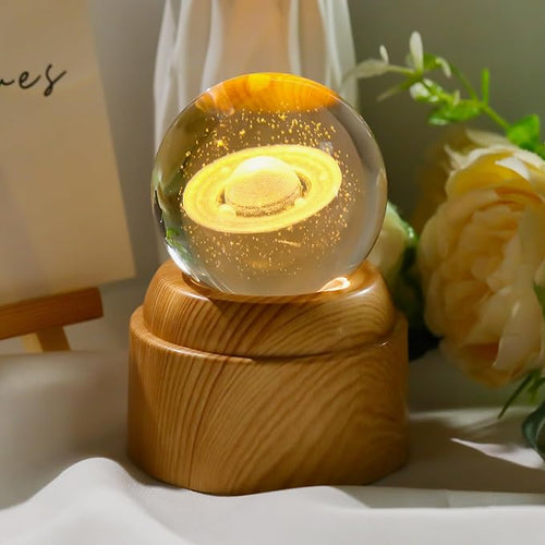 3D Saturn Crystal Ball 2.36“ Engraved with Rotated Wood Bases, Crystal Sphere Saturn Lamp Astronomy Gifts Physics Science Decor Space Gifts for Women Men