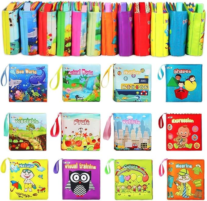 My First Soft Book,teytoy Nontoxic Fabric Baby Cloth Activity Crinkle Soft Books for Infants Boys and Girls Early Educational Toys (Pack of 12)