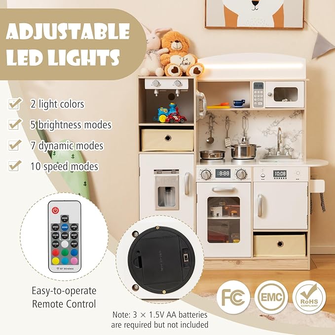 HONEY JOY Kids Kitchen Playset with Lights, Wooden Little Chef Toy Kitchen Set w/2 Storage Bins, Coffee Maker & Microwave & Ice Maker & Oven, Play Kitchen for Toddlers, Gift for Boys Girls (Natural)