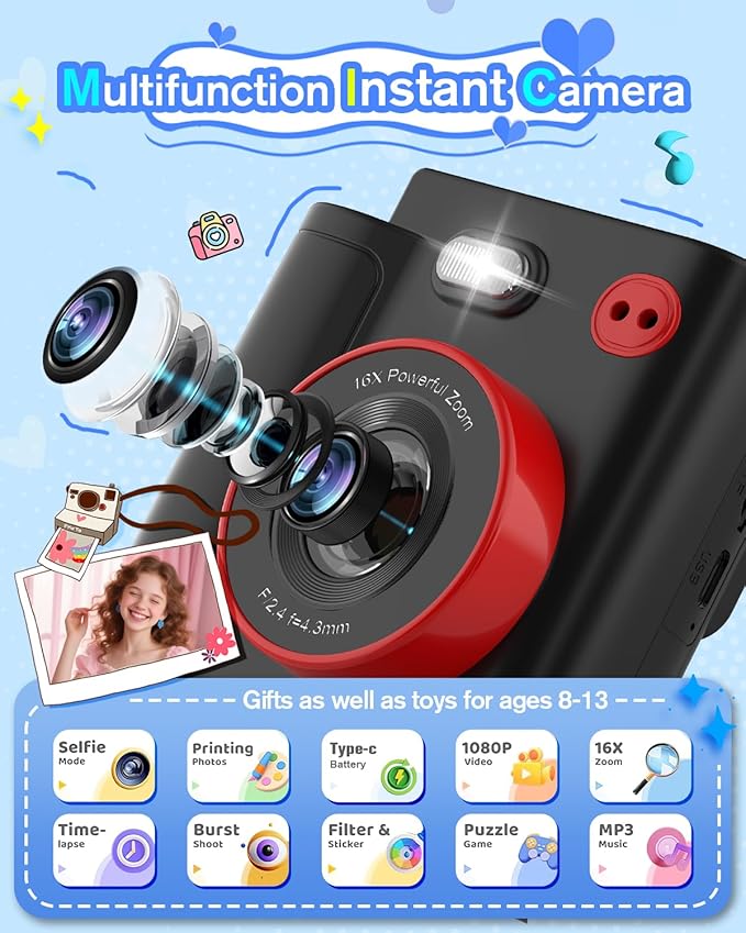 Instant Print Camera for Kids - Classic Black Digital Camera for 3-12 Year Olds, 1080P HD with 32GB SD Card, Selfie Mode & Durable Design, Ideal Christmas Birthday Gift, Portable Travel Toy