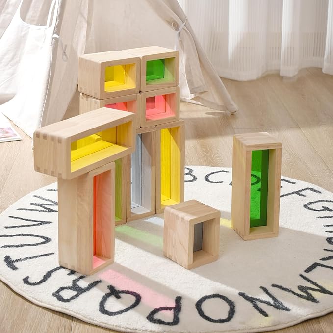 Large Wooden Building Blocks Set for Toddlers, 36 PCS Big Colorful Rainbow Window Hollow Blocks Set Montessori STEM Construction Toy for Kids Sensory Stacking Blocks for Preschool Kindergarten Play
