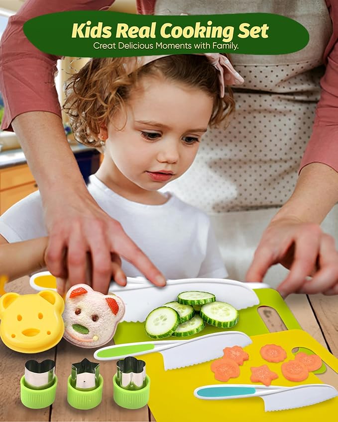 Kids Knife Set for Real Cooking, Toddler Kitchen Tools, Montessori Cooking Set for Toddlers, Ensiven Kid Safe Kitchen Set, Kids Cutting Board and Knife Set, Toddler Safe Kitchen Tools