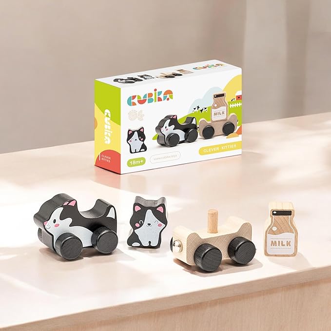 Cubika Wooden Clever Kitties Train Toy – Magnetic Cat-Themed Wood Toy Playset for Toddlers 18 Months+ – Montessori Toy for Fine Motor Skills and Imaginative Play