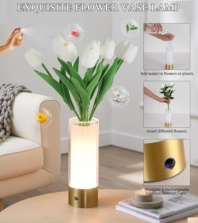 Flower Night Light,Touch Vase Lamp,Rechargeable Cordless Table Lamp,Dimming Small Mood Lighting for Dining Table/Bed Room/Bathroom/Closet,Gifts for Women/Mom, Artificial Tulips Included