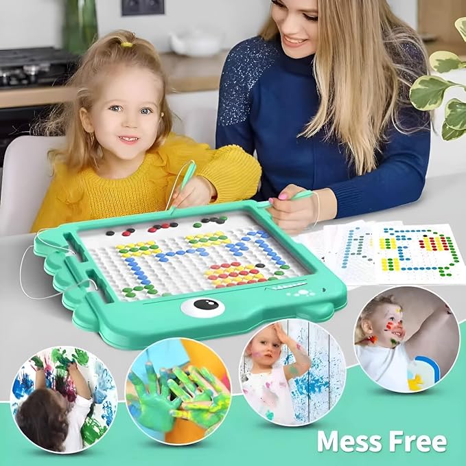 Magnetic Drawing Board，Large Magnet Doodle Board with Pen and Dot Beads,20 Colored Pattern Cards,Montessori Toys and Travel Toys Two-in-one,Perfect Learning Gift for Toddlers Ages 3-8