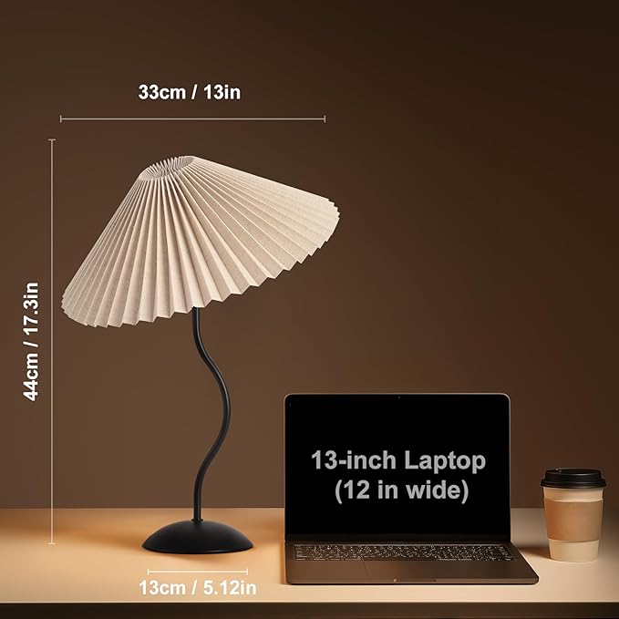 KUNJOULAM Small Pleated Table Lamp, Bedside Nightstand Lamp with Beige Lampshade Black Base, Morden Mini Lamp for Bedroom Home Office Decor, E12 Bulb Included