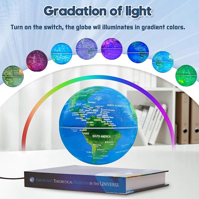 Flagest Magnetic Levitation Floating Globe - 6" Rotating Globe Book Base - Gradient Night Light - Blue - North America & Europe Map - ABS Material - Birthday &
