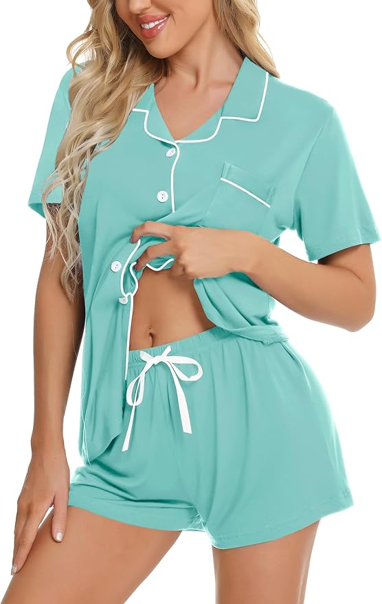 SWOMOG Womens Button Down Pajamas Set Short Sleeve Sleepwear Bride Soft Pj Lounge Sets XS-3XL