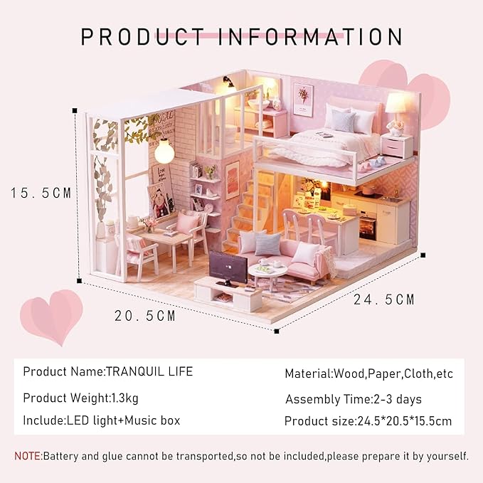 CUTEROOM DIY Miniature House Kit Handmade Wooden Dollhouse - Creative Doll House Toys for Children Birthday Plus Music Box & LED Light - Tranquil Time