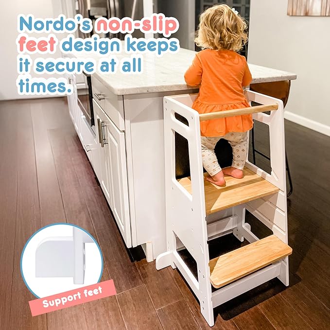 Toddler Kitchen Stools Helper with Adjustable Height and Anti-Slip Protection, Kids Standing Tower with Safety Rail, Kids Montessori Stool with Learning Chalkboard, Natural