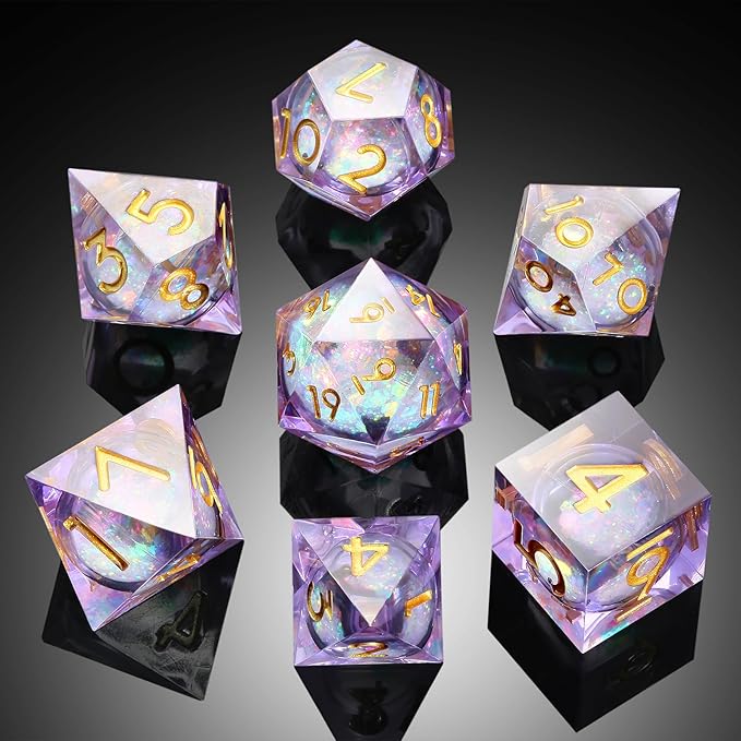 Lilac Liquid Core DND Sharp Dice,DNDND 7PCS Glitter Sparkle Sharp Edge D&D Dice with Gift Case for Dungeons and Dragon Game (Lilac)