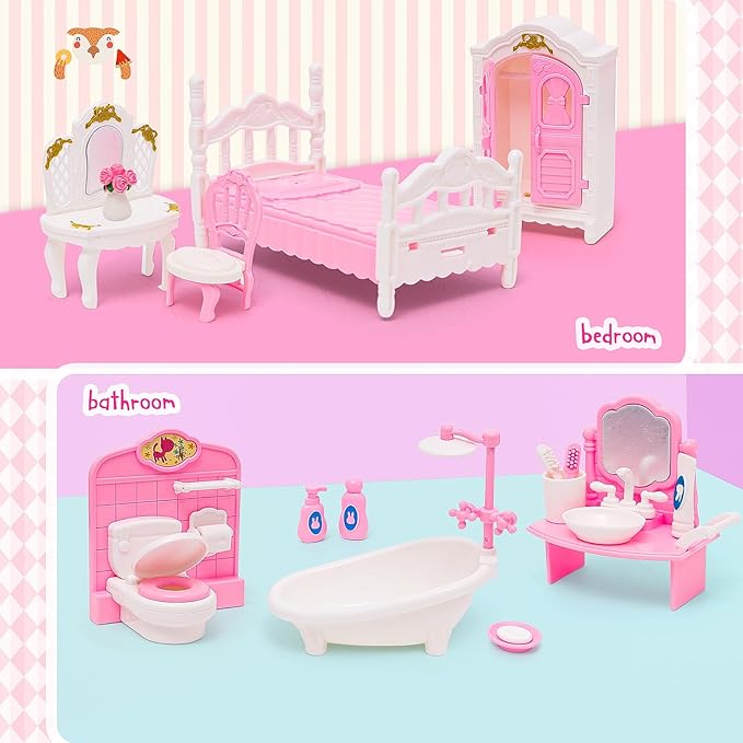45 Pcs Dollhouse Furniture Set Accessories Doll House Mini Furniture Pretend Play Bedroom Living Room Bathroom Kitchen for Kids Birthday and Christmas Pink