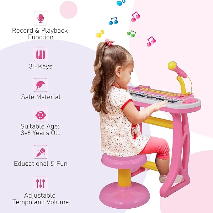 Qaba Kids Toy Keyboard Piano Toddler Electronic Instrument with Stool, Microphone and Bright Flashlight for Children Birth Gift, Pink
