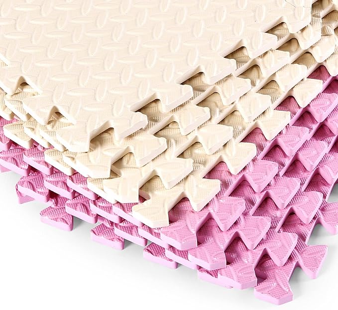 16 Tiles, 0.4 Inch Thicked Interlocking Floor Mats with Solid Colors, Squares Baby Play Mat, EVA Foam Puzzle Floor Mat Foam Mats for Kids, Baby, Toddlers (Beige/Pink)