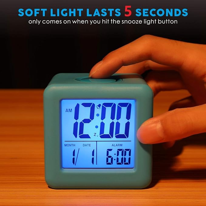 Plumeet Digital Alarm Clock Kids with Snooze and Nightlight - Easy Setting Silicone Clock Display Time, Date - Loud for Bedroom - Battery Powered (Blue)