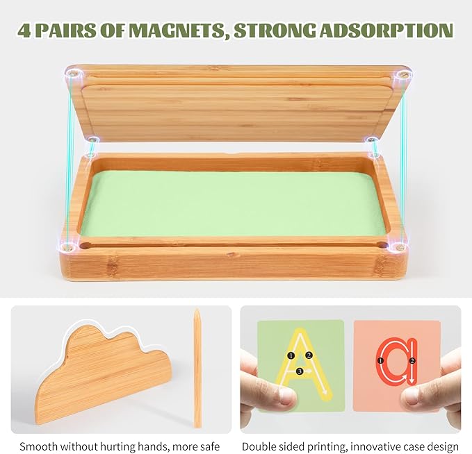 Sand Tray for Classroom Wooden Montessori Sand Tray with Lid for Kids Writing Letters and Numbers, Preschool Classroom Must Haves, Kindergarten Learning Tools (Green)