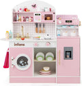 INFANS Kids Kitchen Playset, Toddler Wooden Kitchen Pretend Cooking Toy Set with Coffee Maker Ice Machine Dishwasher Microwave Storage Cabinet, Simulation Play Kitchen for Boys Girls 3+ (Pink)