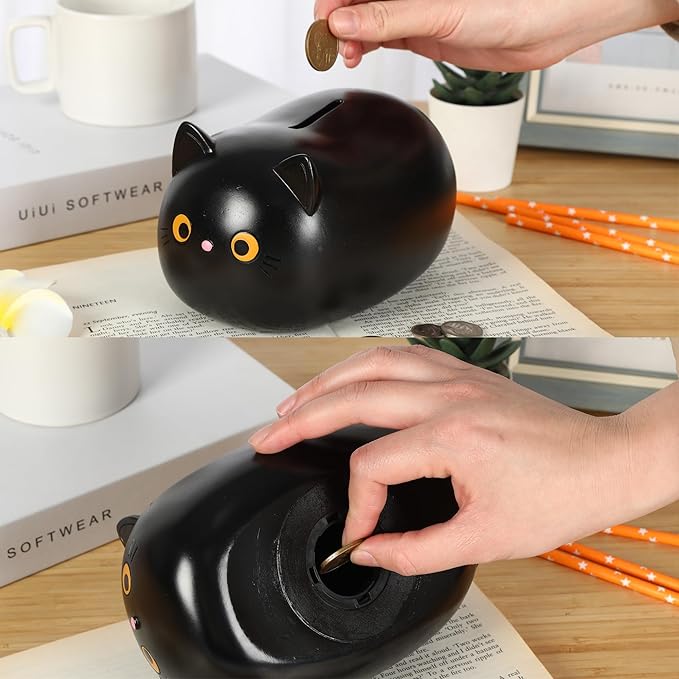 H&W Black Cat Piggy Bank for Girls,Plastic Coin Bank,Unbreakable Money Bank,Cute Piggy Bank for Kids,First Money Box,Best Birthday