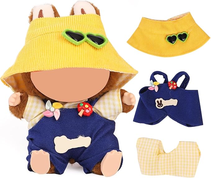 Doll Clothes for Labubu(NO Doll), for 17/15cm Plush Dolls, Clothing Suit Toy Figurine Outfit Set Dress Up with Kawaii Style Accessories, Multicolour Overall and Cute Hat or Headwear (LB138)