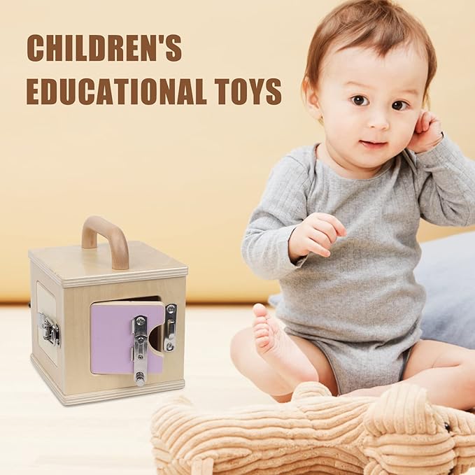 Beech Wooden Lock Box with 4 Different Doors & Various Lock Mechanisms Helps Develop Probelm Solving Skills,Montessori Wooden Educational Toy,Learning Fine Motor Skills Activity Board for 1+ Years
