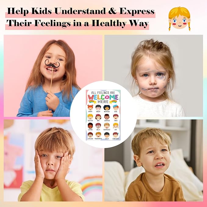 FLYAB Feelings Chart for Kids - Classroom Decorations Elementary Emotions Learning Mental Health Poster for Toddlers Educational Calming Corner Teacher Must Haves for Back to School Supplies
