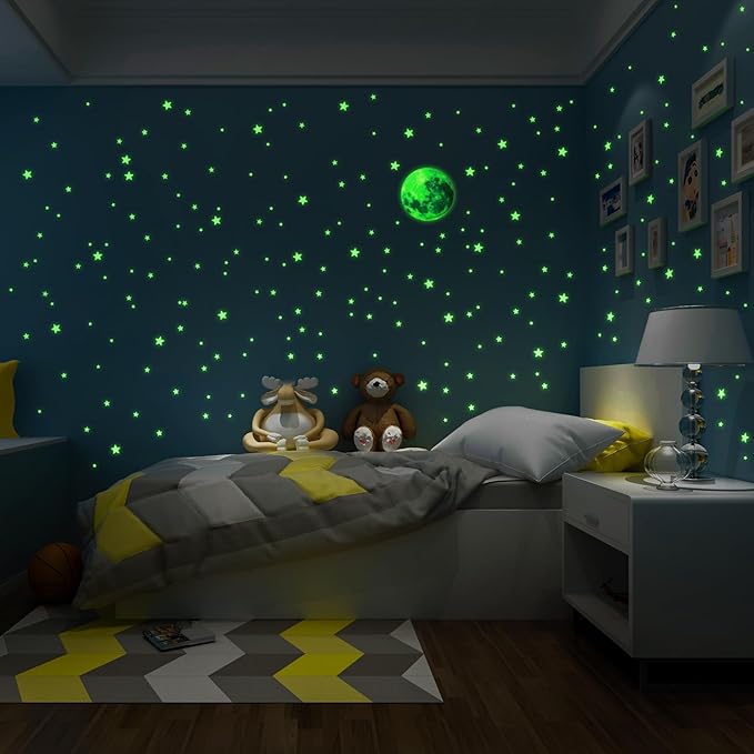 Glow in The Dark Star Stickers 334PCS Wall Stickers Luminous Glow Stars for Ceiling Stars Moon Decor,Bright and Lasting for Kids Bedroom Decals Party and Birthday Decoration,Green