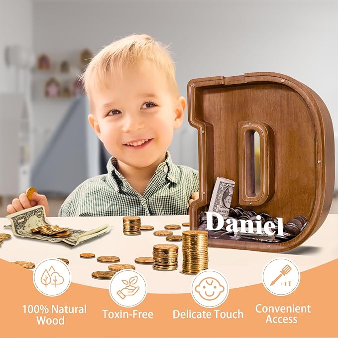Wooden Letter Piggy Bank for Kids Larger Letter Piggy Bank for Boys and Girls Personalized Piggy Bank Initial Coin Bank Wood Kids Money Bank for Birthday and Festival